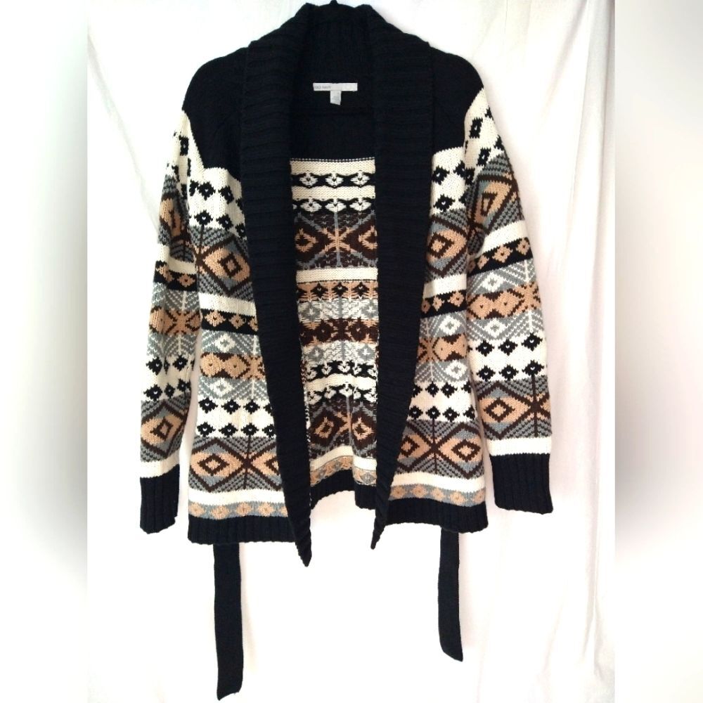 Old Navy Knit Cardigan Tan Black Aztec Southwest Cotton Lambs Wool Blend Chunky